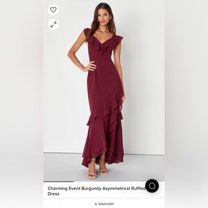 Lulus Burgundy Asymmetrical Ruffled Maxi Dress